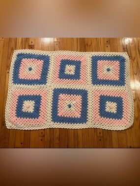 Beautiful Handmade Crochet Pink Blue & White Square Design Lap Blanket 3 x 4'